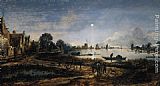 Aert van der Neer River View by Moonlight painting